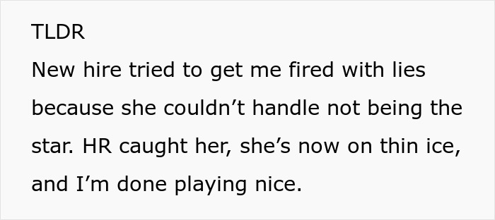 Alt text: Summary of toxic newbie spreading lies and facing consequences after HR intervention in workplace conflict.