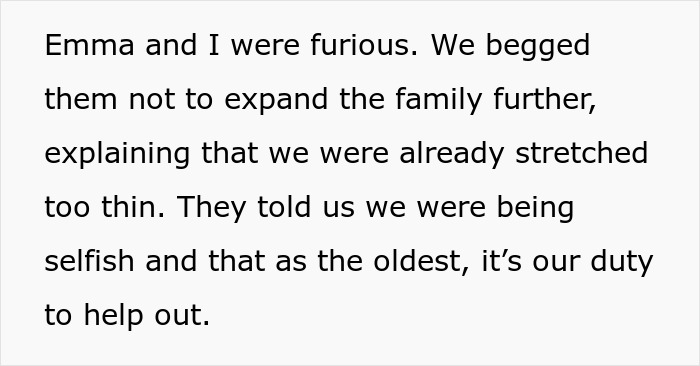 Text excerpt describing 16YO twins missing out on their teen years due to parents always expecting them to babysit younger siblings.