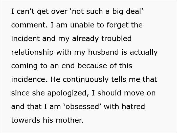 Text discussing inability to move on after mother-in-law live streamed sleeping incident affecting relationships. Text discussing inability to move on after mother-in-law live streamed sleeping incident affecting relationships.