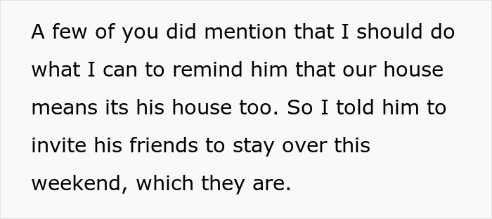 Text excerpt showing a dad supporting his gay son by encouraging him to invite friends to stay over the weekend.