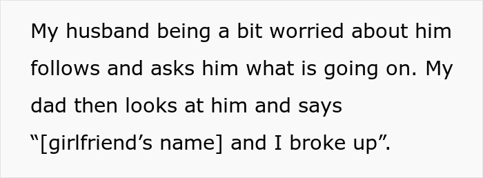 Text excerpt showing a husband worried and asking about the situation, while a dad mentions breaking up with a girlfriend. Text excerpt showing a husband worried and asking about the situation, while a dad mentions breaking up with a girlfriend.