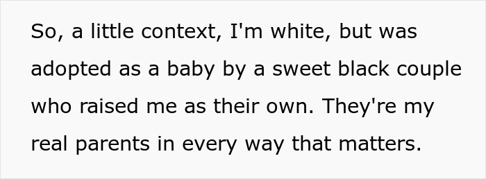 Text explaining adoption by a black couple, providing context related to racist mom insulting daughter&rsquo;s girlfriend&rsquo;s parents.