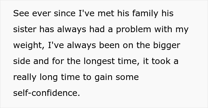 Text about fiance sister causing tension at wedding due to issues with weight and self-confidence struggles.