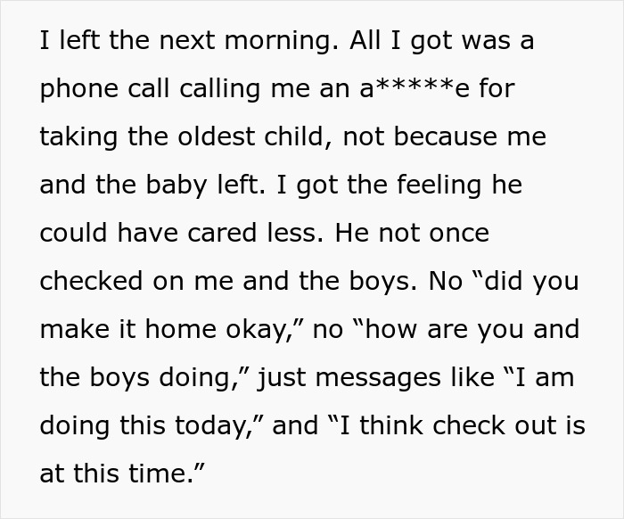 Text excerpt from a wife explaining how her man-child husband never asked if she wanted to join during a family vacation.