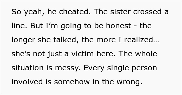 Text excerpt discussing a woman catching husband cheating with her sister and the messy situation witnessed by neighbor.