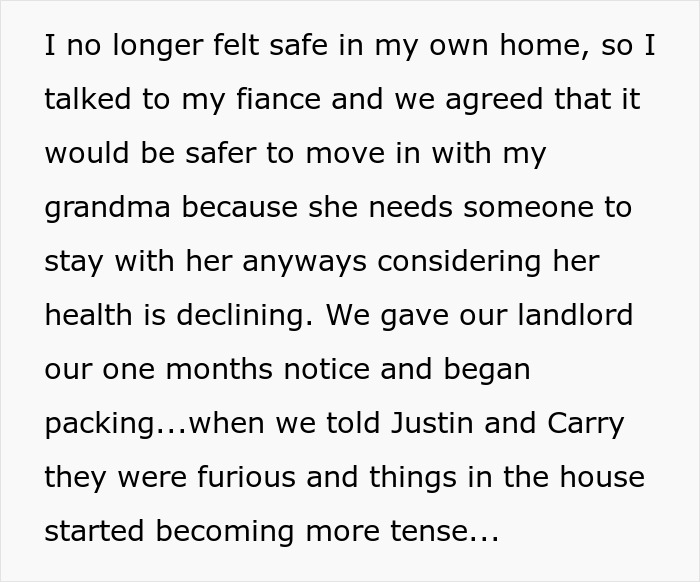 Text excerpt about feeling unsafe at home, moving with grandma, and roommates refusing to give back AC.