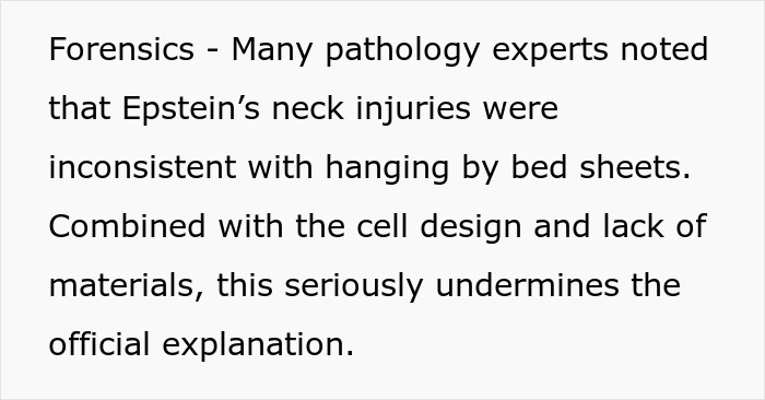Forensics report highlights Epstein&rsquo;s neck injuries and cell design, raising doubts about the official death explanation.
