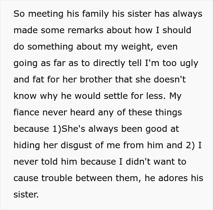 Text describing a fiance sister making harsh remarks about appearance before a wedding invitation conflict.