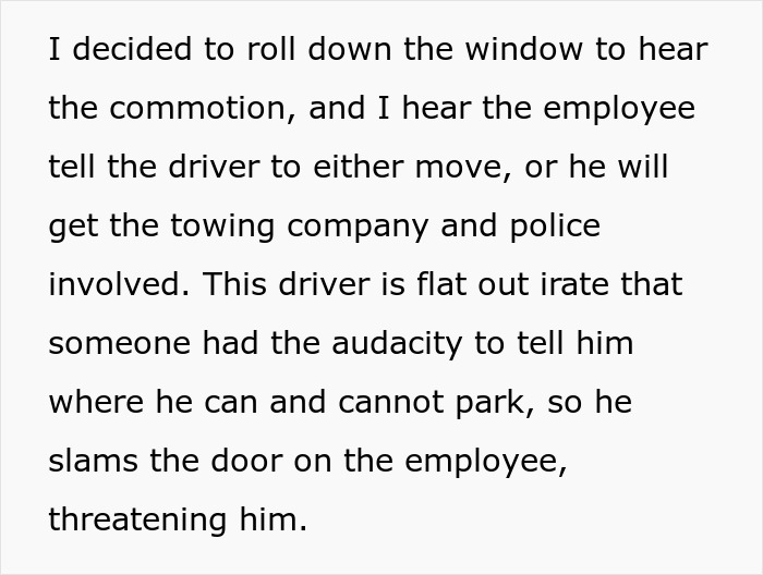 Man parks illegally and argues with employee about moving truck, showing anger and threatening behavior.