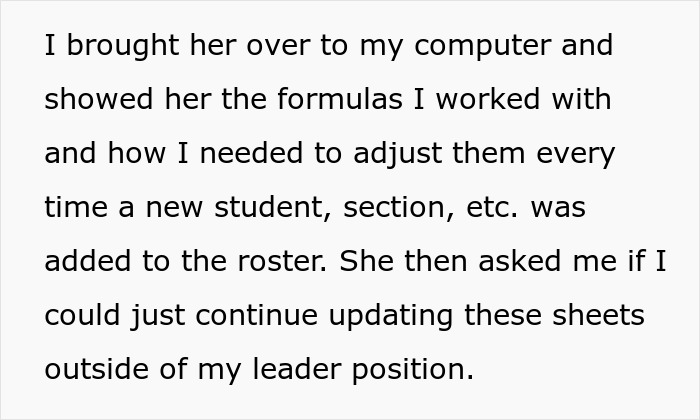 Text explaining adjusting formulas for student rosters, highlighting frustration with stolen job and colleague comeuppance. Text explaining adjusting formulas for student rosters, highlighting frustration with stolen job and colleague comeuppance.
