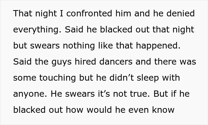 Text excerpt discussing a wife confronting her husband after a boys’ weekend and a woman claiming pregnancy. - 8