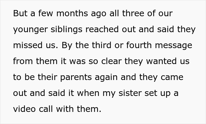 Text about siblings and sister setting up a video call expressing feelings, highlighting relationship and connection with mom.