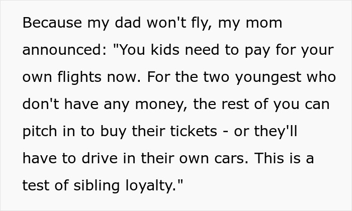 Text about a woman refusing to go on Christmas gift trip if siblings must pay for her flight, testing sibling loyalty.