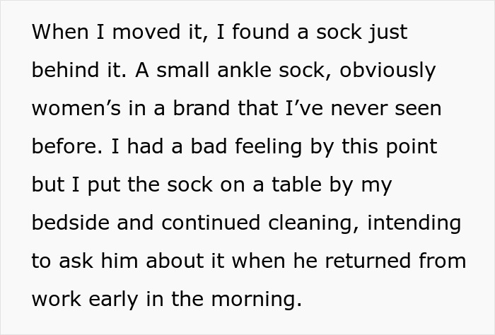 Close-up of a text excerpt describing a woman finding a mysterious women&rsquo;s ankle sock at home before confronting her boyfriend.
