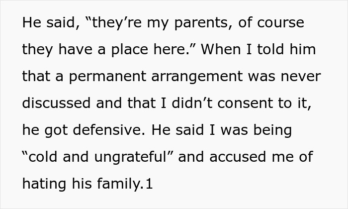 Text excerpt showing a tense conversation about secretly inviting parents to stay, causing relationship conflict.