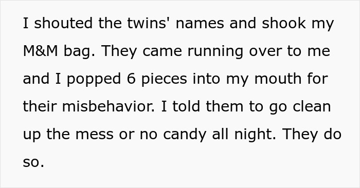 Text message describing a woman disciplining her cousin’s kids by using candy to train their behavior. Text message describing a woman disciplining her cousin’s kids by using candy to train their behavior.