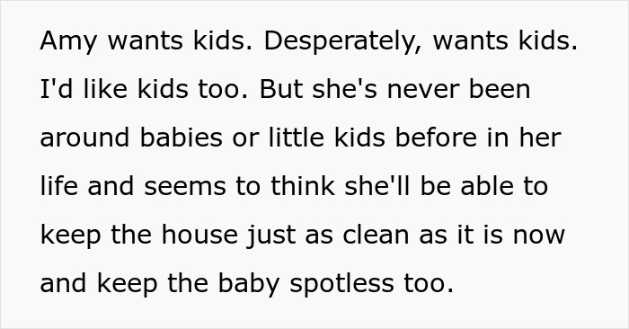 Text discussing a woman wanting kids but underestimating the challenges of keeping a clean toddler and spotless house.