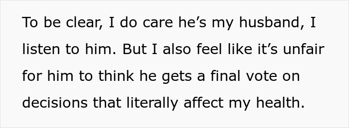 Text excerpt highlighting a wife explaining why her husband cannot control decisions about her body affecting her health. Text excerpt highlighting a wife explaining why her husband cannot control decisions about her body affecting her health.