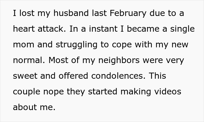 Alt text: Text about a woman losing her husband and neighbors, including influencer neighbors who made videos about her. Alt text: Text about a woman losing her husband and neighbors, including influencer neighbors who made videos about her.