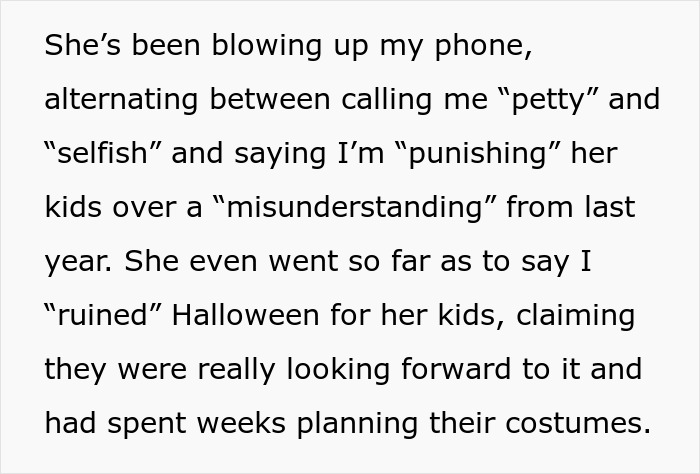 Text showing a mom refusing to leave kids at home for Halloween party, causing conflict over babysitter choice. - 36
