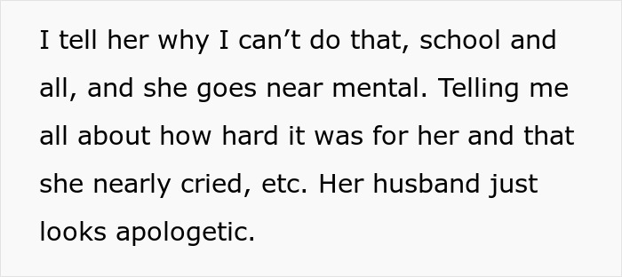 Text showing a woman expecting her cousin to babysit instead of attending school, causing tension and apologies.