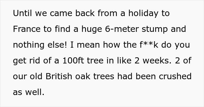Text excerpt describing finding a huge 6-meter stump after a holiday, related to a neighbor cutting down trees. Text excerpt describing finding a huge 6-meter stump after a holiday, related to a neighbor cutting down trees.