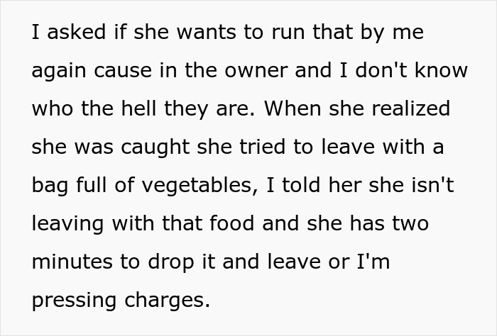 Text showing a thief caught stealing vegetables who claims to know the owner but is challenged and threatened with charges.