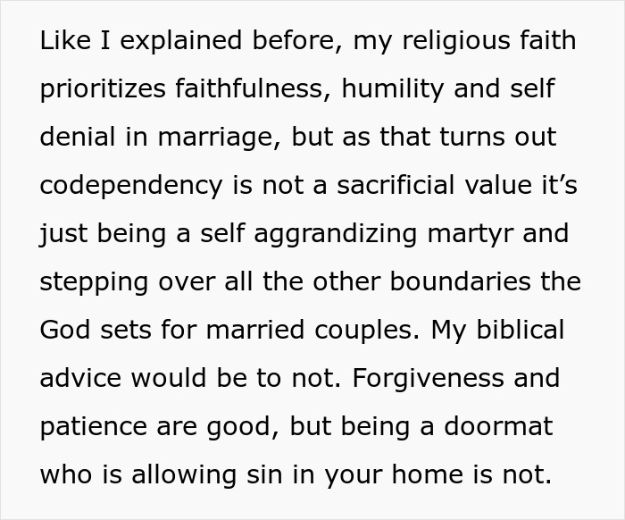 Text excerpt discussing religious faith, codependency, and marriage boundaries in the context of husband’s birthday surprise and therapy. - 42