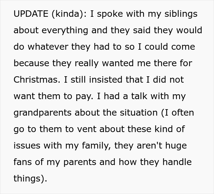 Text update about woman refusing to go on Christmas gift trip if siblings have to pay for her flight.
