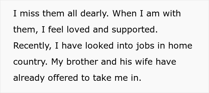 Text excerpt expressing a widow&rsquo;s desire to move back to her home country with support from her brother and sister-in-law.