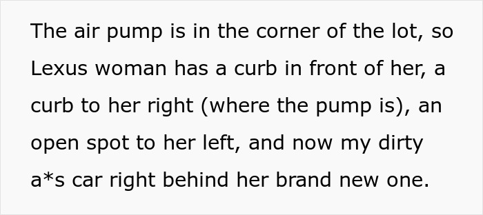 Brand new Lexus woman trapped between curbs after skipping air pump line in parking lot corner. - 12