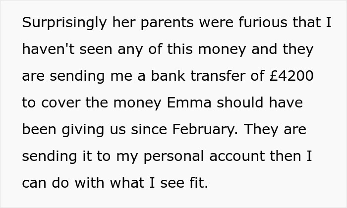 Text discussing an unpaid £4,200 bank transfer and issues with temporary houseguest payments and party cleanups. Text discussing an unpaid £4,200 bank transfer and issues with temporary houseguest payments and party cleanups.