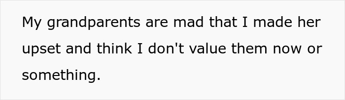 Text from a person sharing that their grandparents are upset, feeling neglected and not valued by the family.