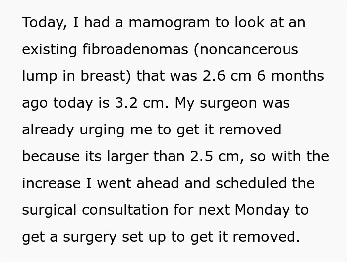 Text discussing a surgical consultation and surgery details involving a growing fibroadenoma in the breast.