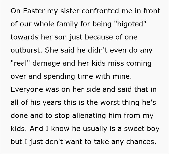 Woman refuses to babysit autistic nephew after he injures her daughter and spits on her, causing family conflict.