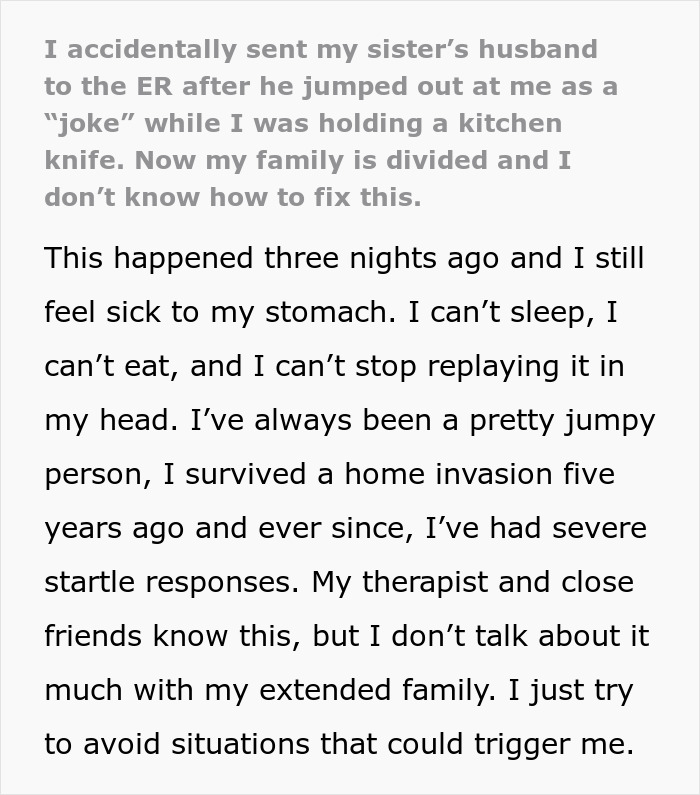 Person describing how a prank with a kitchen knife went wrong and led to an emergency room visit.