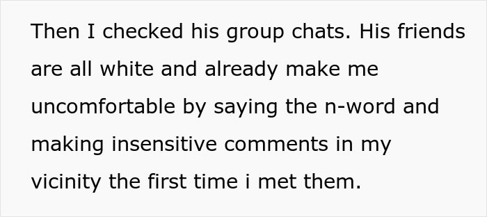 Text excerpt describing discomfort after woman checks boyfriend&rsquo;s phone and finds offensive group chat messages.