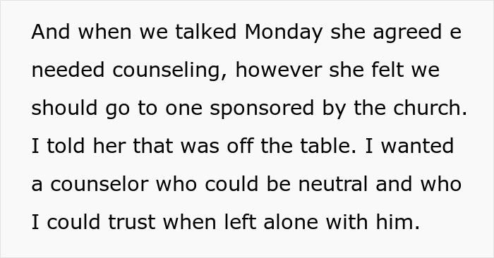 Text excerpt discussing a dad supporting his gay son and seeking neutral counseling outside of church sponsorship.