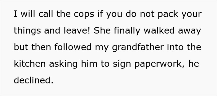 Text showing a grandkid warning villainous vacuum cleaner salespeople to leave and refusing to sign paperwork.