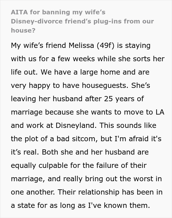 Text excerpt about family hosting divorcing friend dealing with a difficult situation and unpleasant home scents.