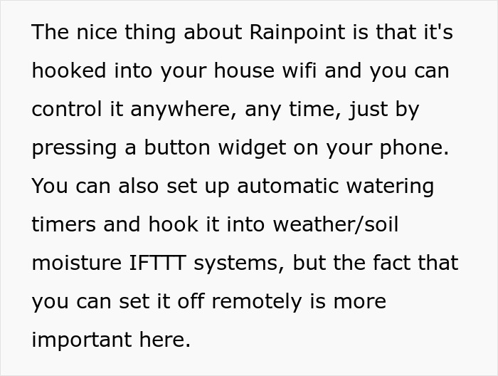 Text describing the convenience of controlling a button remotely, relating to petty revenge on entitled dog owner.