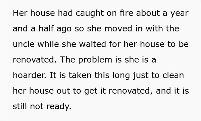 Text explaining hoarder MIL squatting in inherited home, causing delays and legal eviction planning by couple.