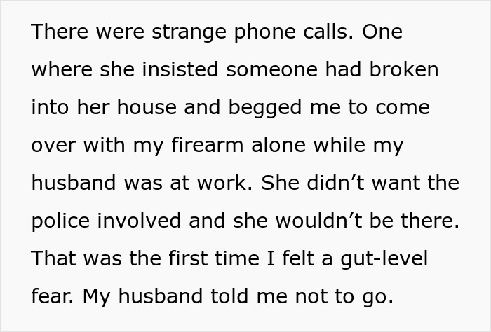 Woman fears mother-in-law poisoning her, ends contact amid pregnancy concerns and strange threatening phone calls. Woman fears mother-in-law poisoning her, ends contact amid pregnancy concerns and strange threatening phone calls.