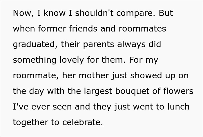 Text on white background about comparing graduation experiences and parents&rsquo; reactions, focusing on feelings of a graduate.