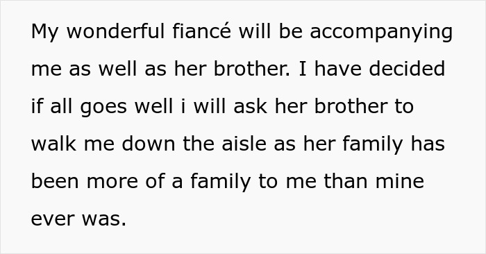 Text on a white background about a woman deciding to ask her fianc&eacute;&rsquo;s brother to walk her down the aisle, highlighting family ties.