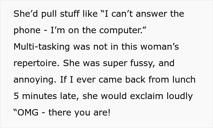 Text excerpt describing an obnoxious coworker&rsquo;s annoying behavior before a retirement party forces her to quit.