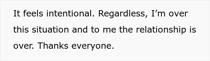 Text message showing a woman expressing she&rsquo;s over the situation with her boyfriend after he told friends she couldn&rsquo;t join couples trip.