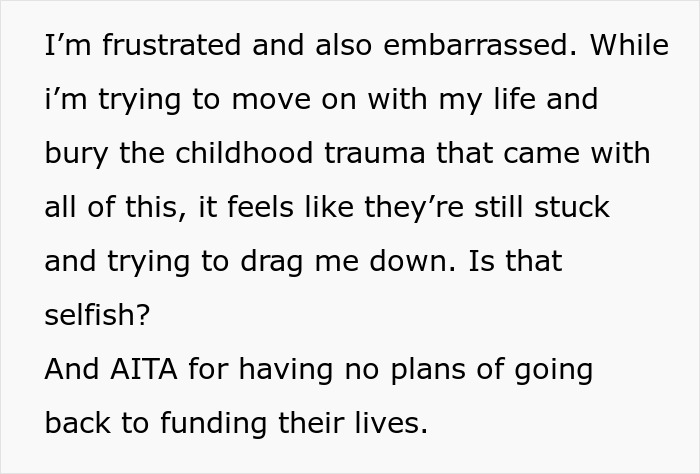 Text expressing frustration over elderly parents expecting support after squandering savings on bad business schemes. Text expressing frustration over elderly parents expecting support after squandering savings on bad business schemes.