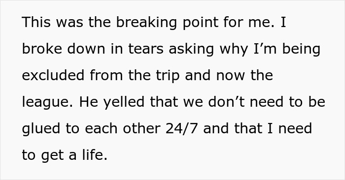 Text message showing a woman breaking down in tears after finding out boyfriend excluded her from couples trip without asking.