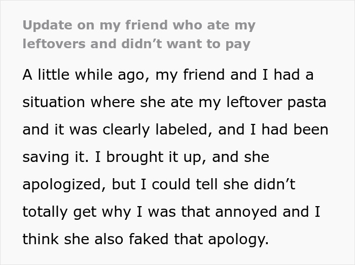 Text screenshot explaining a friend ate clearly labeled leftover pasta, causing annoyance and leading to buying a mini fridge.